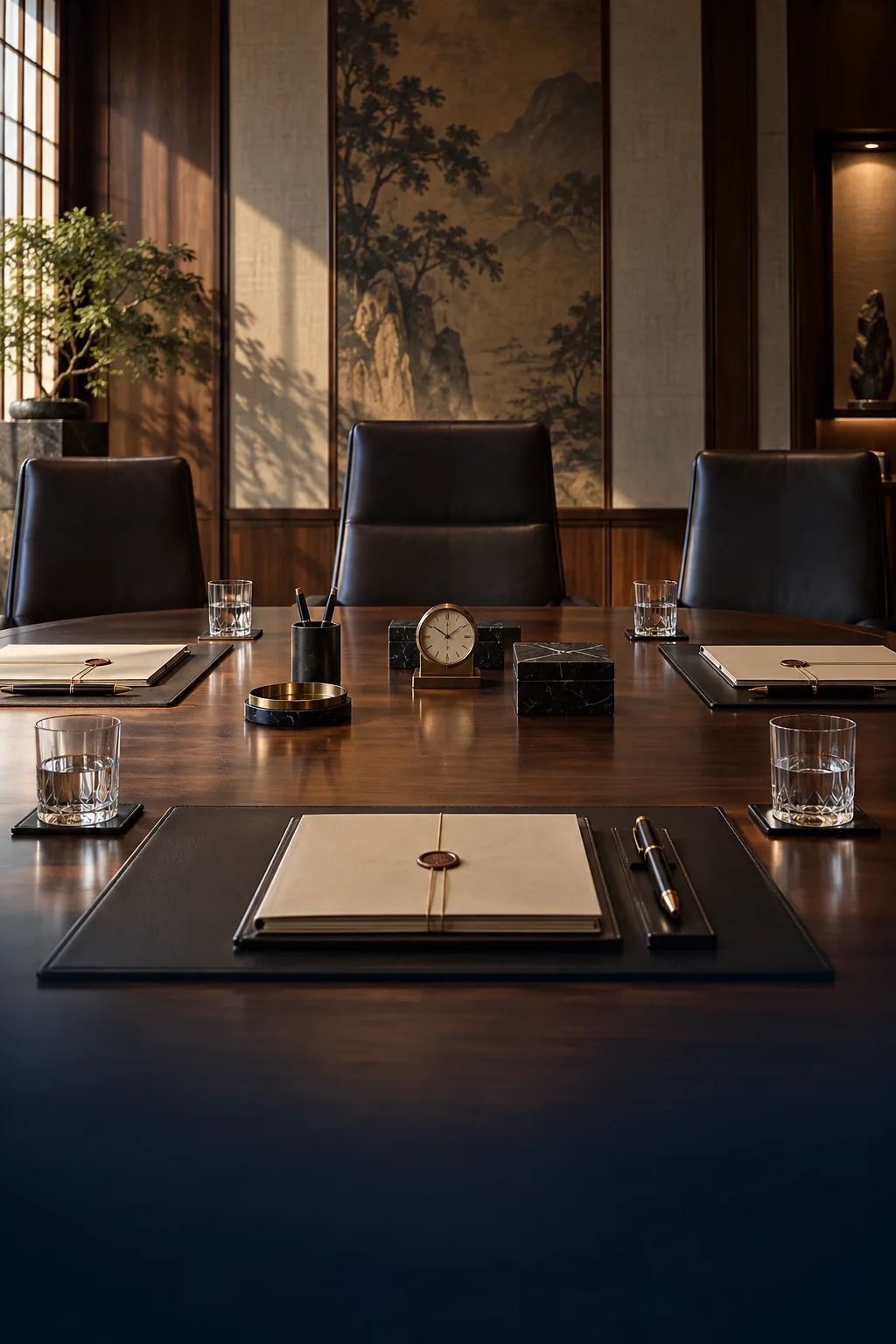 Private arbitration chamber with case folders, fountain pens, and a central desk clock