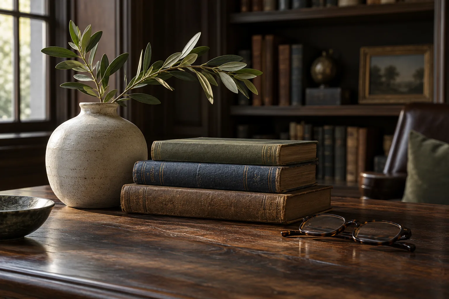 Aged books and a ceramic vessel in a private library