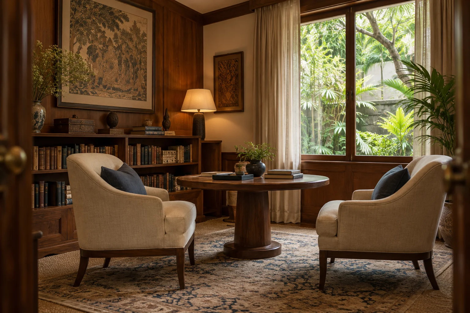 Private consultation room with teak paneling and tropical garden light