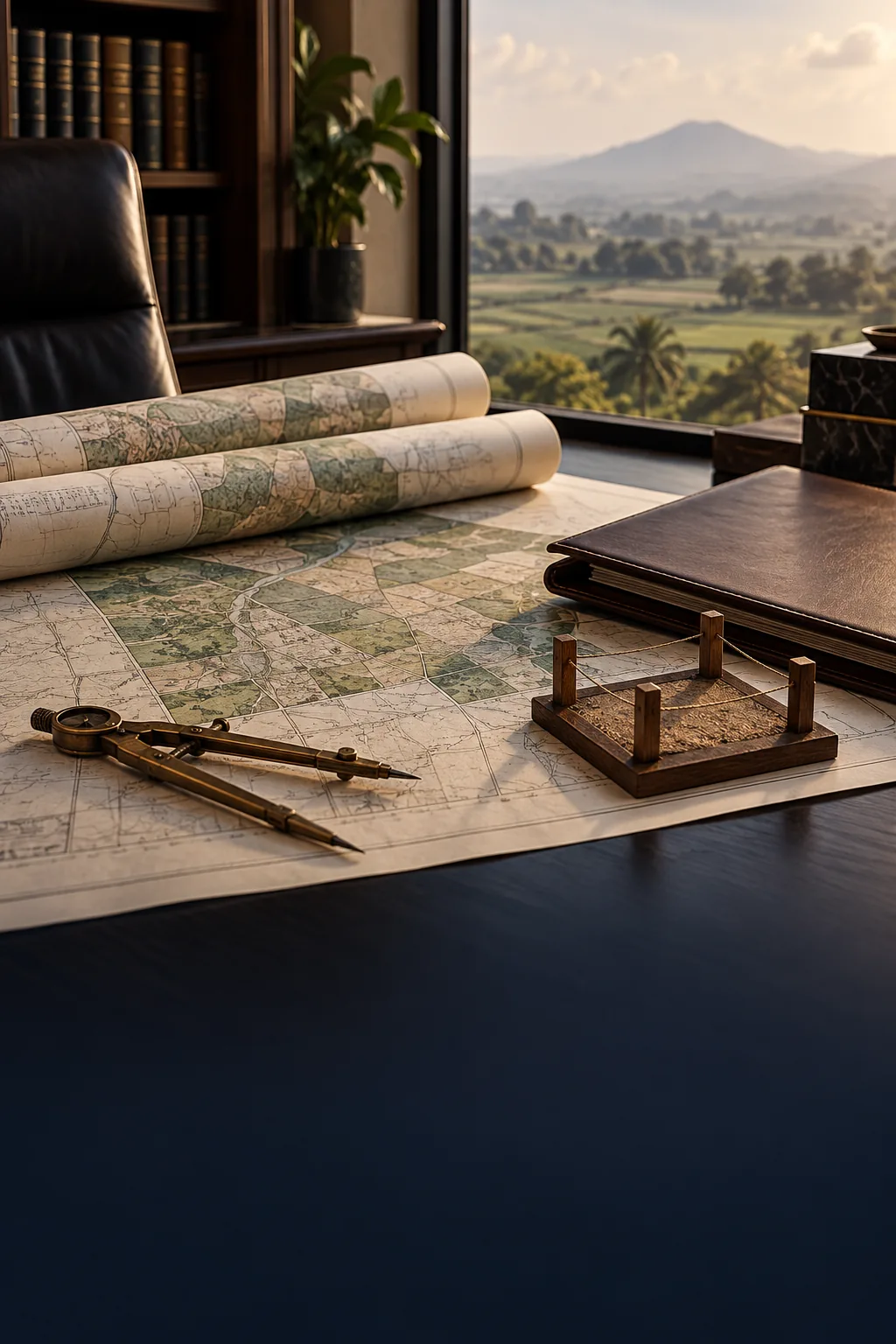 Land maps, measuring compass, deed folder, and boundary model in a legal office