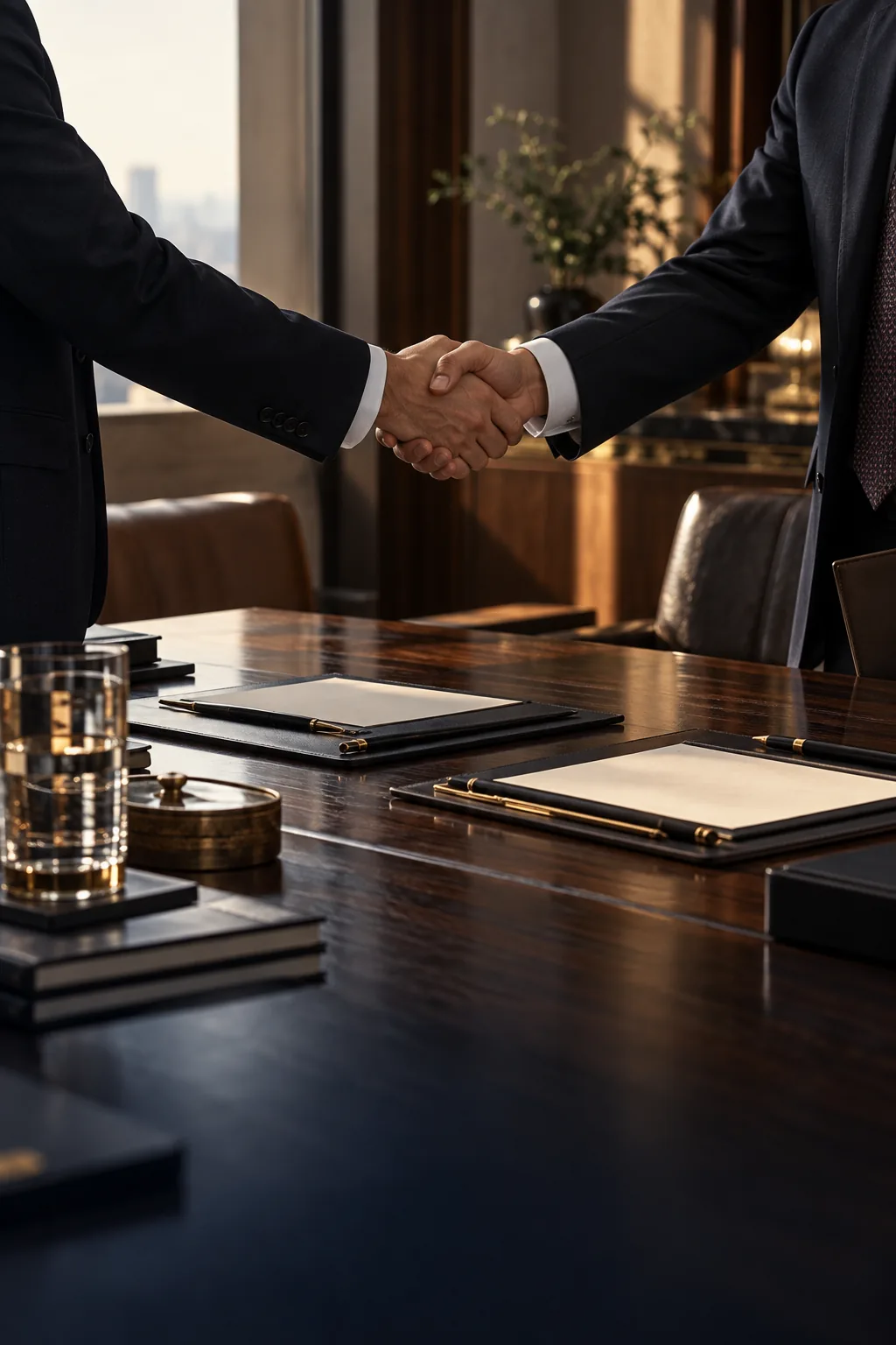 Two legal representatives exchanging a composed handshake across a conference table
