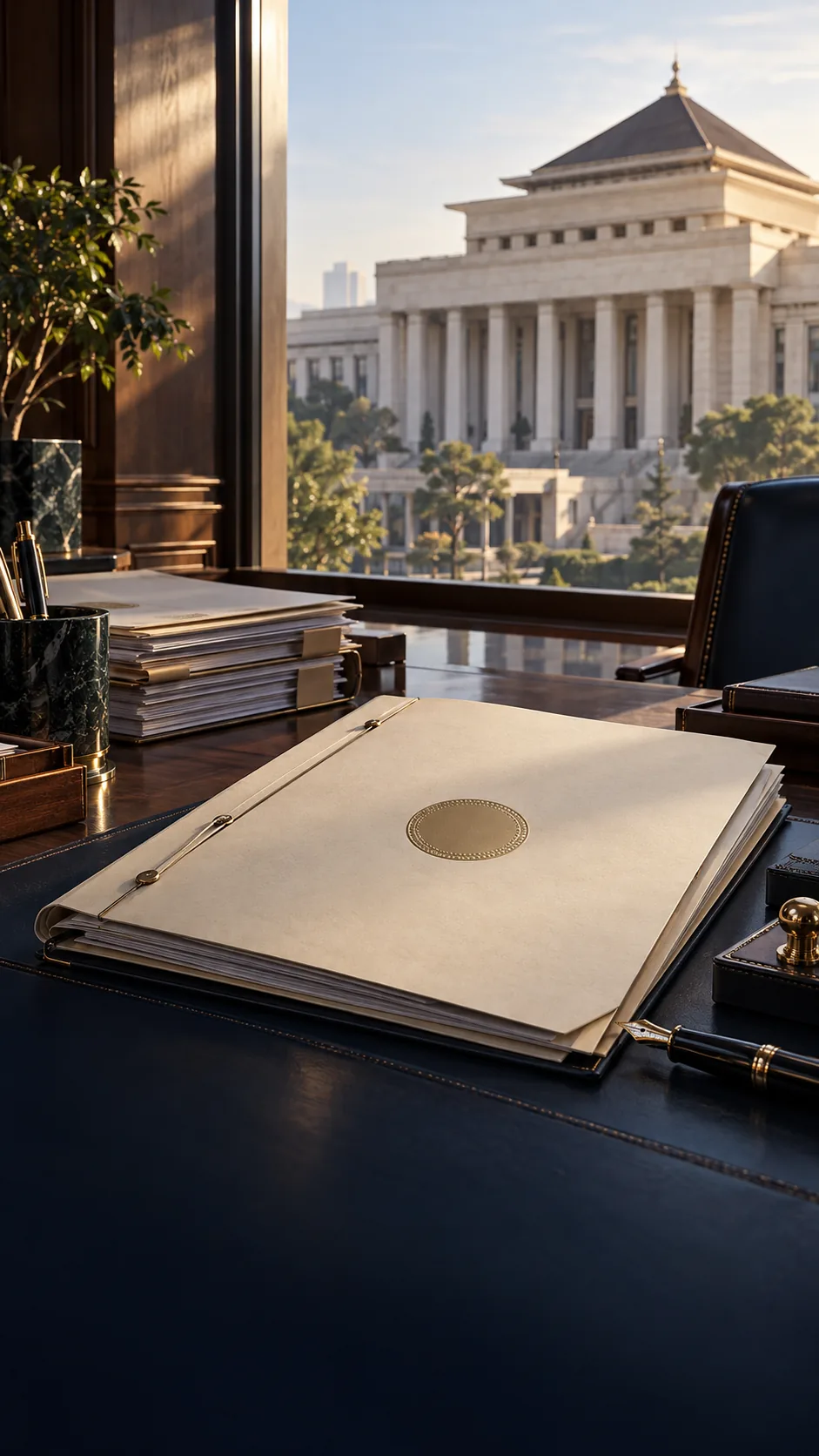 Administrative petition records in an office overlooking a formal civic building